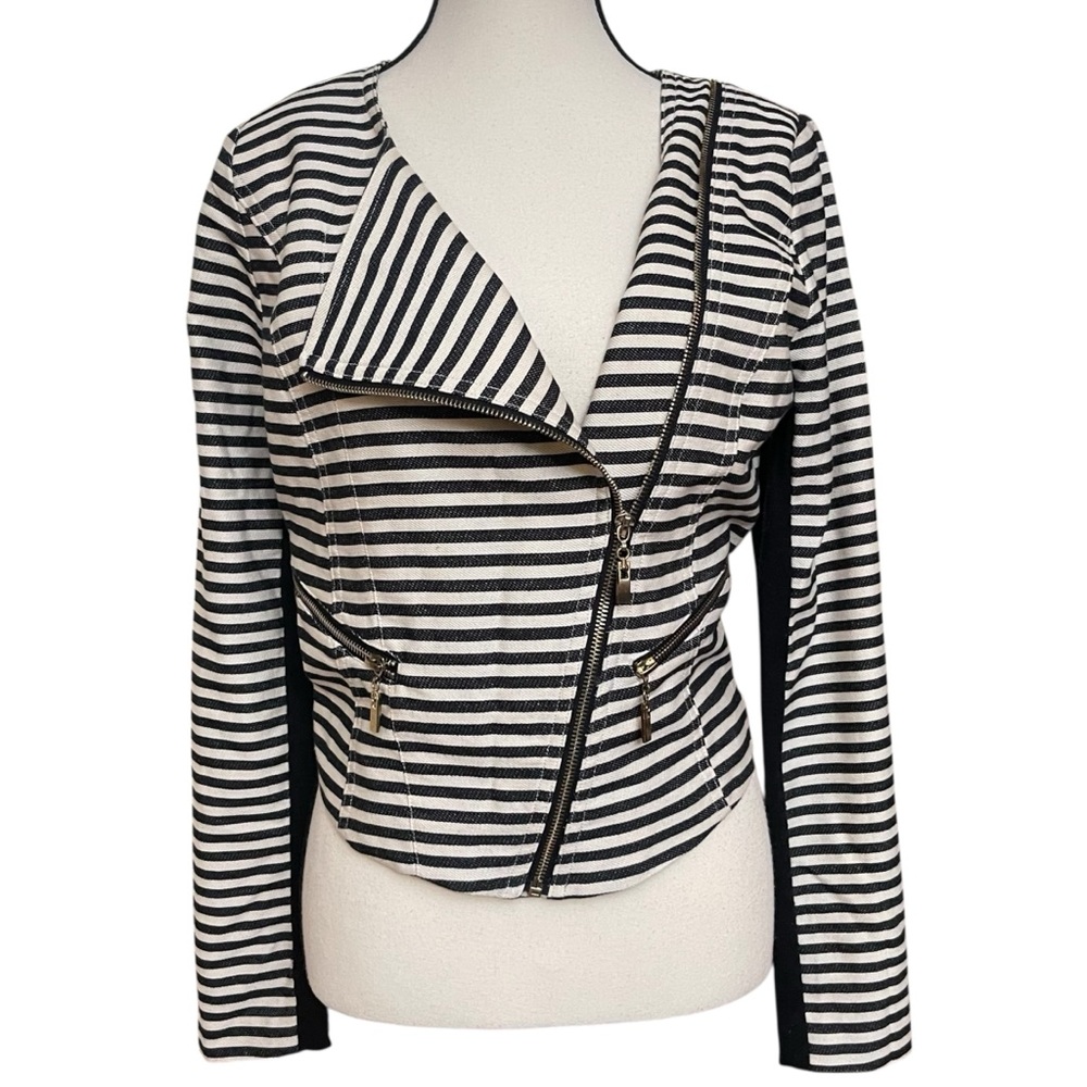 Gibson Latimer Striped Moto Jacket Women’s Small Black White Asymmetrical‎ Zip